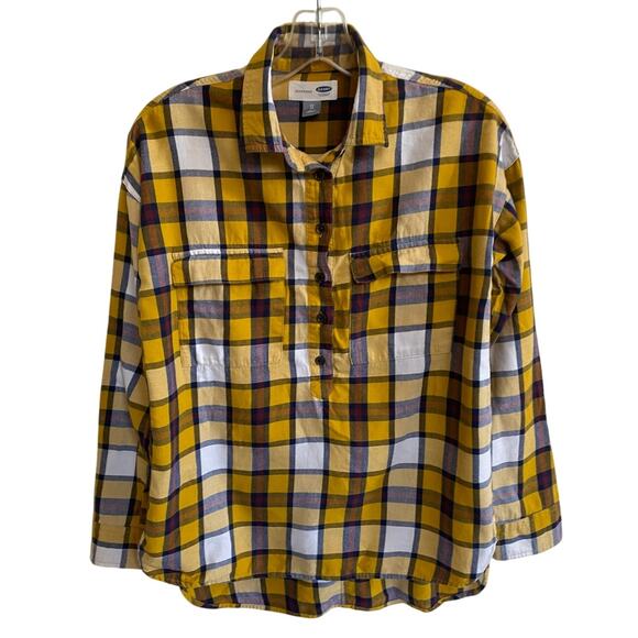 Old Navy Boyfriend Flannel Popover Shirt Yellow Plaid 1/2 Button Up Hi-Lo XS - Picture 1 of 11